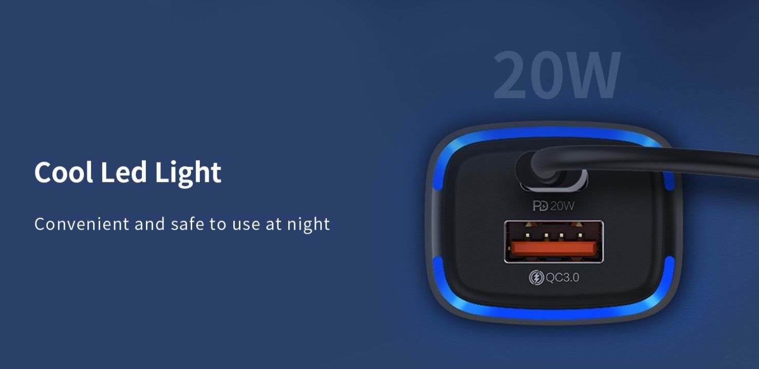 Car Charger, Double Port Output, PD 20W and QC3.0, Recci Brand.