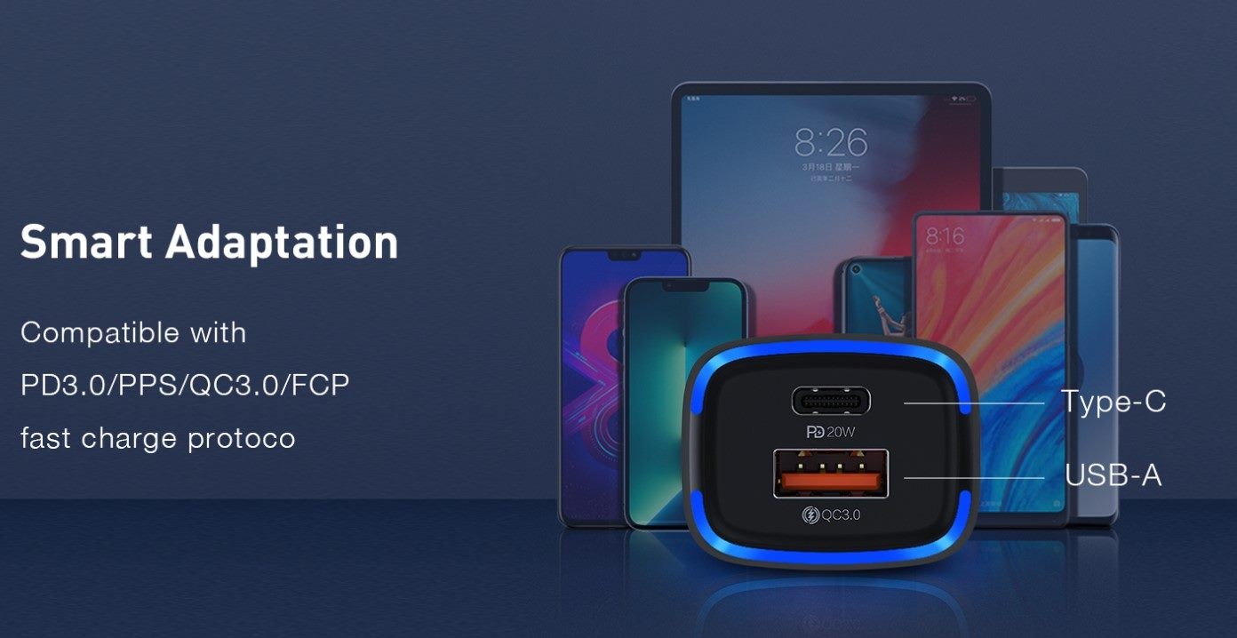 Car Charger, Double Port Output, PD 20W and QC3.0, Recci Brand.