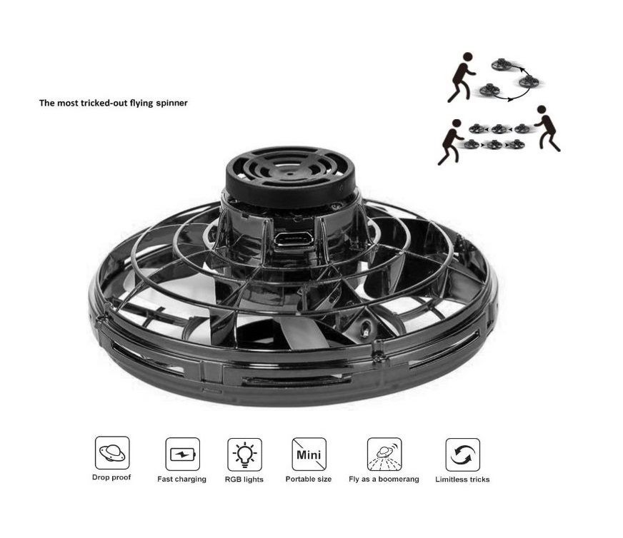 Flying Spinner, UFO Fingertip, Rechargeable Flying Gyroscope USB Toy, Black