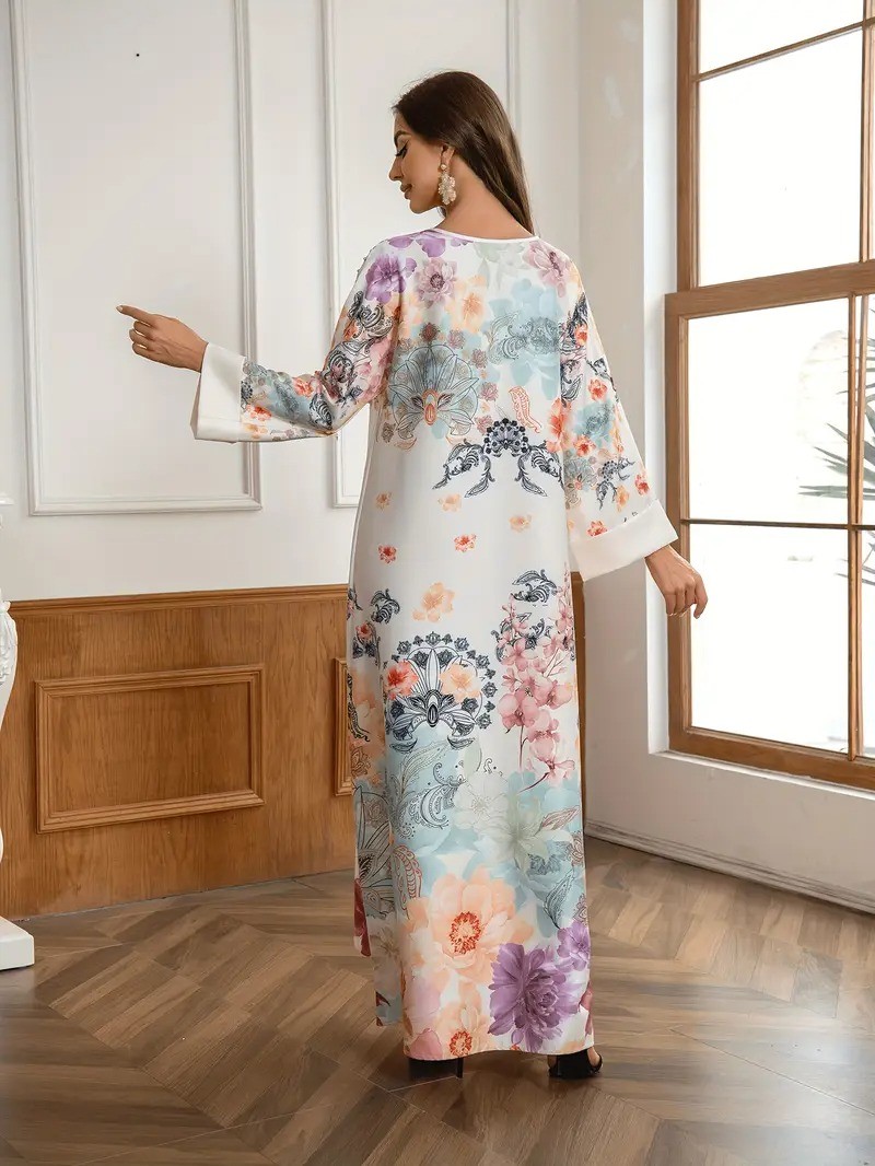 Elegant Floral Print Long Kaftan Dress