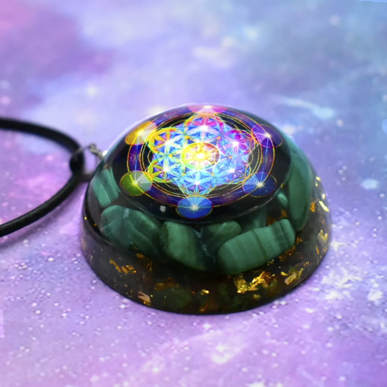 Archangel Rune Natural Crystal Epoxy Pendant Malachite Crushed Stone