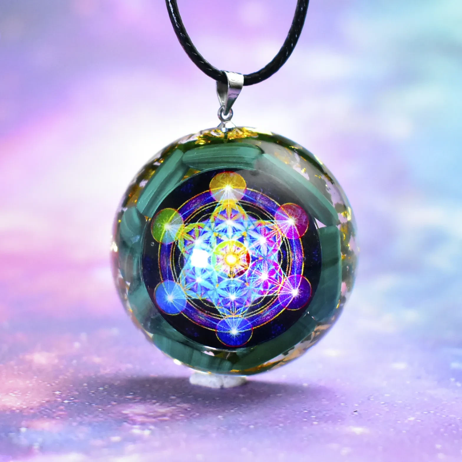 Archangel Rune Natural Crystal Epoxy Pendant Malachite Crushed Stone