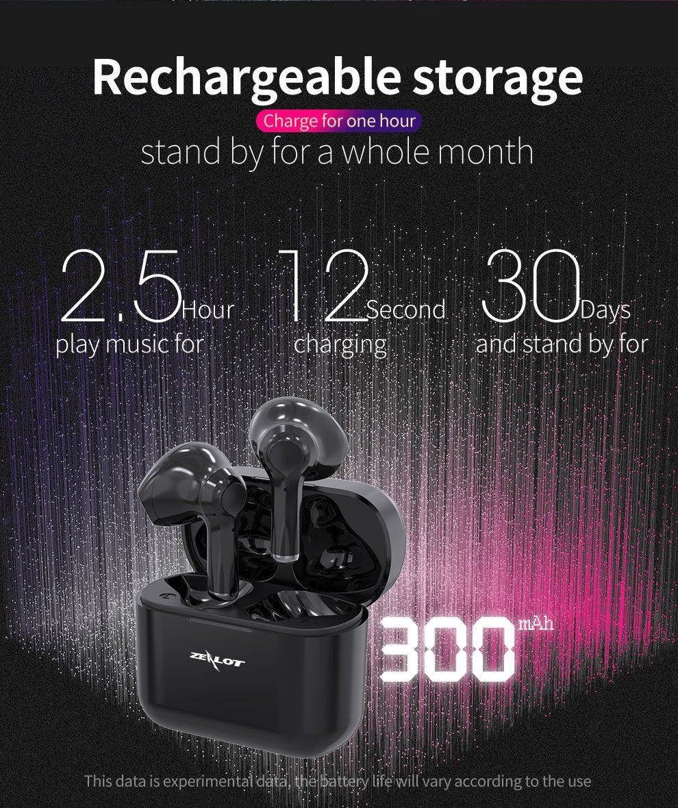 Zealot T3 TWS Wireless Earbuds, Noise Canceling, High Quality Sound, Black