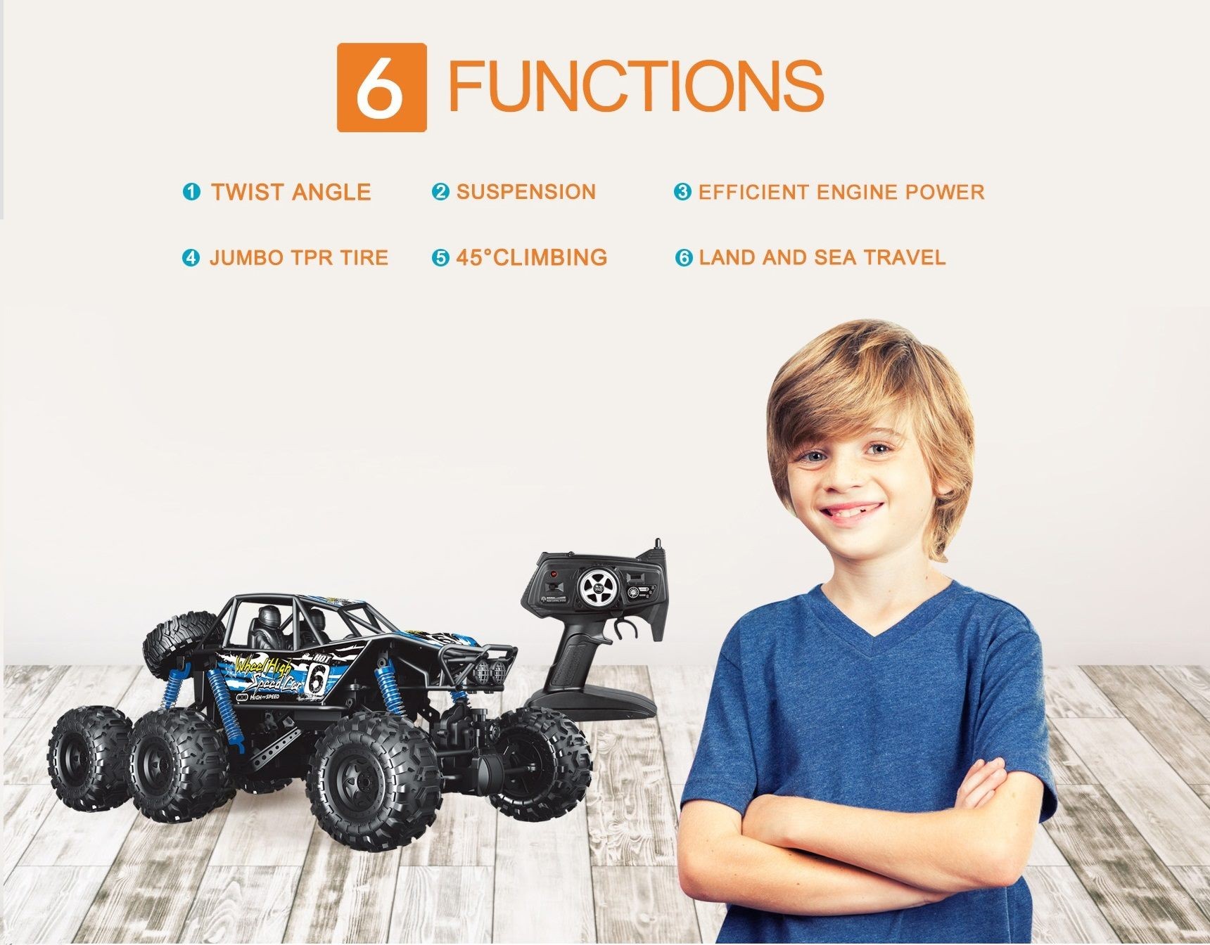 RC Car, Remote Control 6 Wheels, Waterproof Climbing Car, 1:8 Super Big, Orange