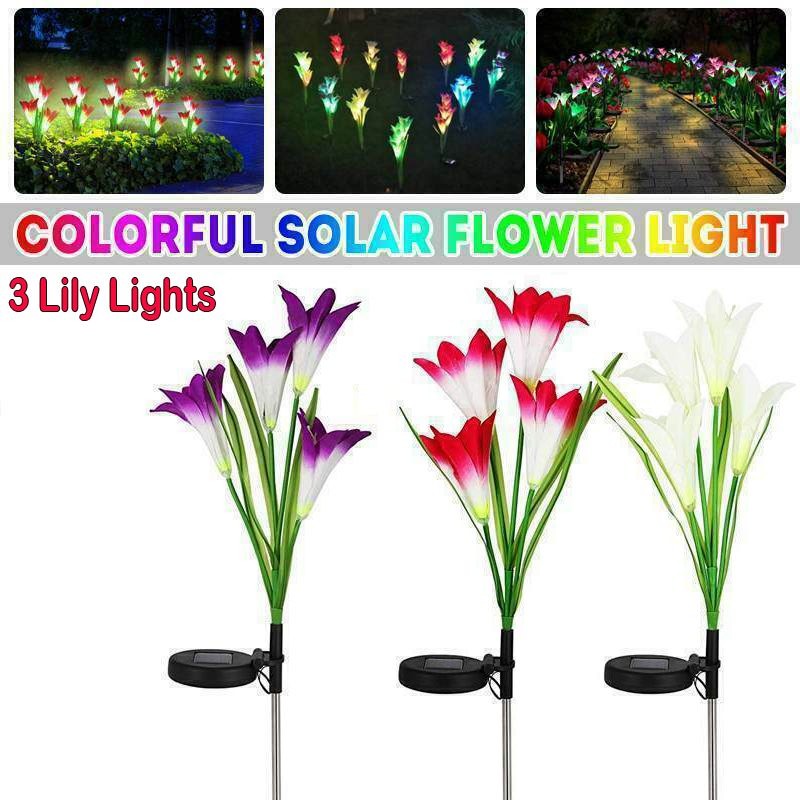 3 x Solar Lights Outdoor Garden Lily Flower Lamps