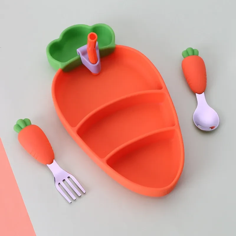 Three-Piece Silicone Cartoon Carrot Anti-Fall and Anti-Scalding Children's Tableware