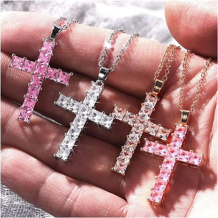 New Fashion Necklaces for Women  Gold Multi-Color Crystal Jesus Cross Pendant Necklace