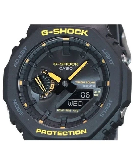 Casio G-Shock Caution Yellow Mobile Link Analog Digital Resin Strap Black Dial Solar GA-B2100CY-1A 200M Mens Watch