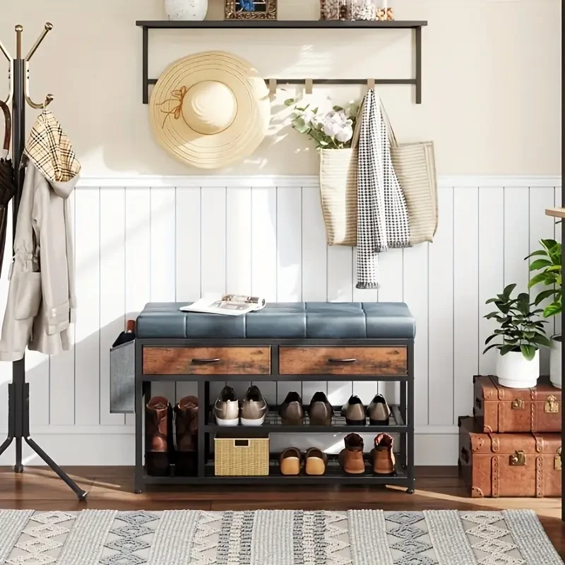 3-Tier Entryway Bench With Padded Cushion Fabric Drawers And Storage Bag Metal Shoe Racks And Storage Ottoman For Entryway Bedroom Living Room