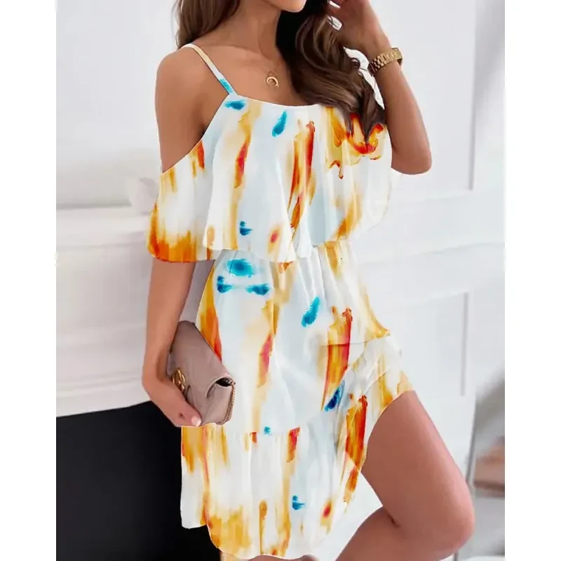Flower Printed Ruffled Suspender Dress Women