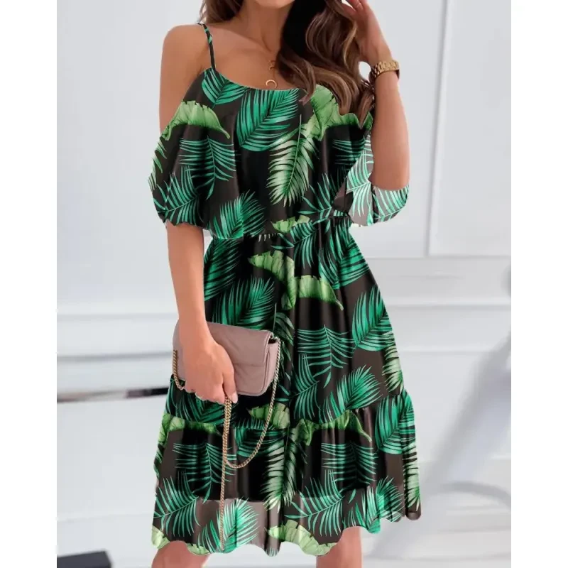 Flower Printed Ruffled Suspender Dress Women
