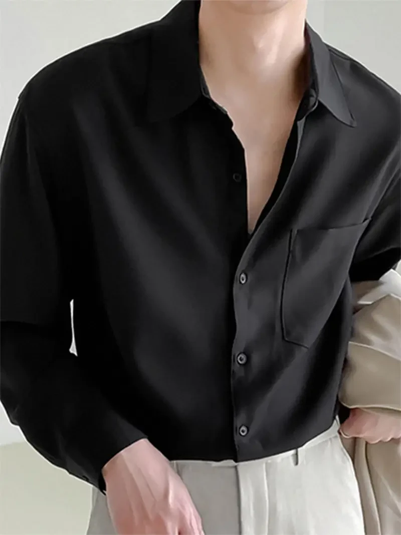 Classic Lapel Collar Mens Solid Color Long Sleeve Shirt