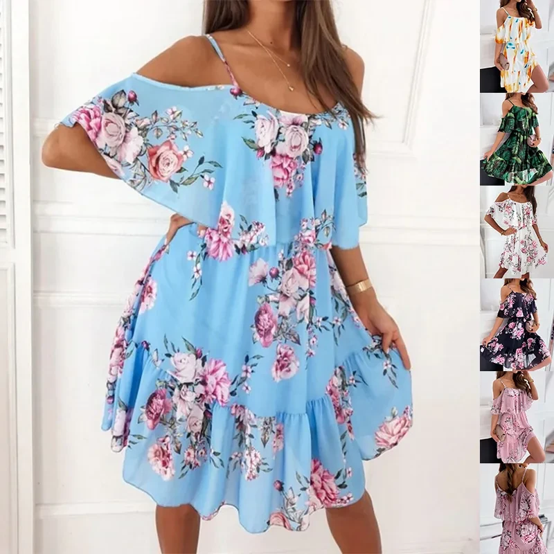 Flower Printed Ruffled Suspender Dress Women
