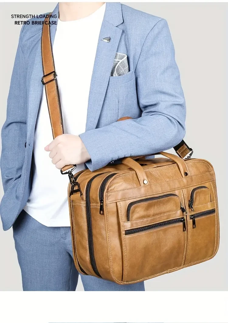 Vintage Style Simple Genuine Leather Men's Briefcase, Top Layer Cowhide Multi-layer Business Handbag, 13.3-inch Computer Bag, Ideal Gifts For Husband & Father