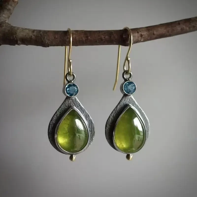 Boho-Chic Olive Green Cubic Zirconia Drop Earrings