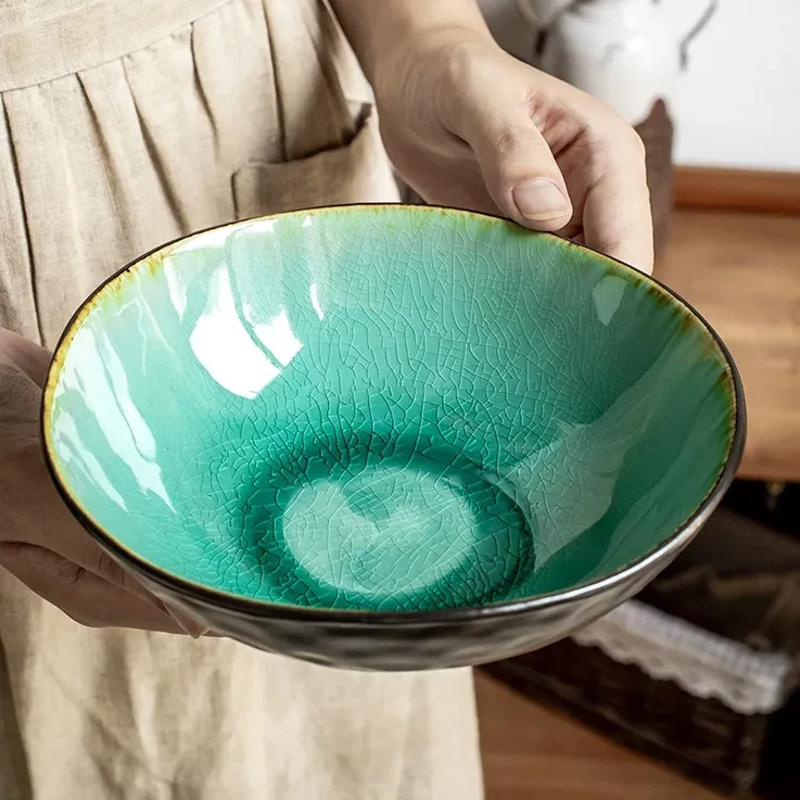 Retro 7-inch Crackle Glaze Salad Shaped Ceramic Bowl