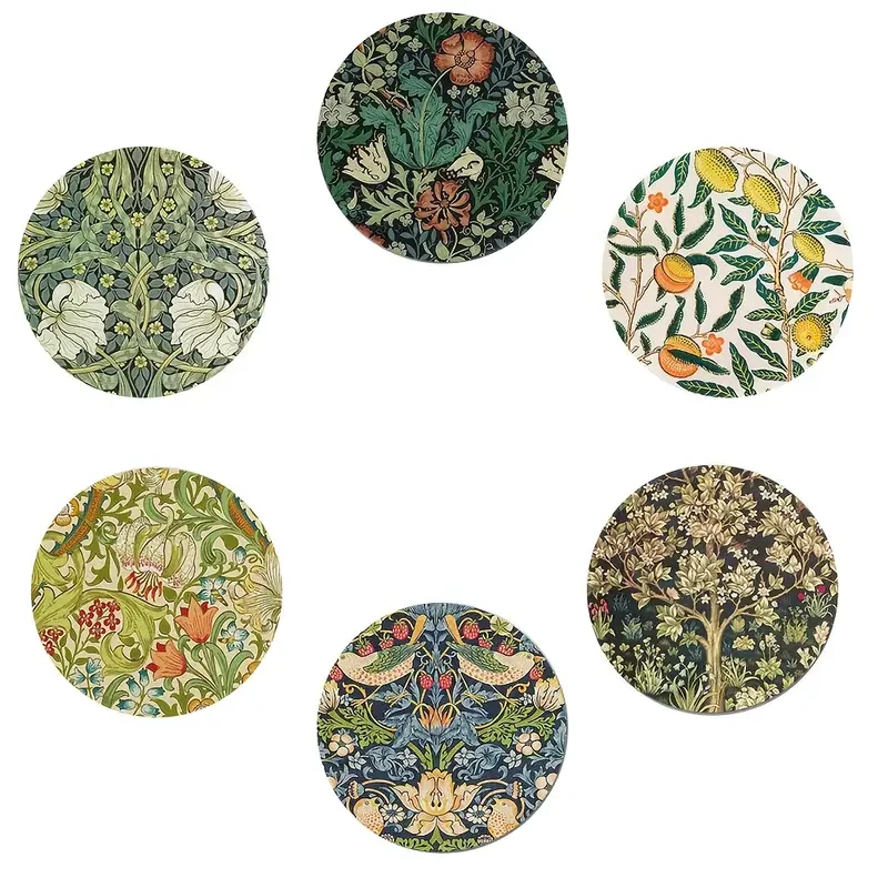 6pcs William Morris Floral Pattern Round Wooden Coasters