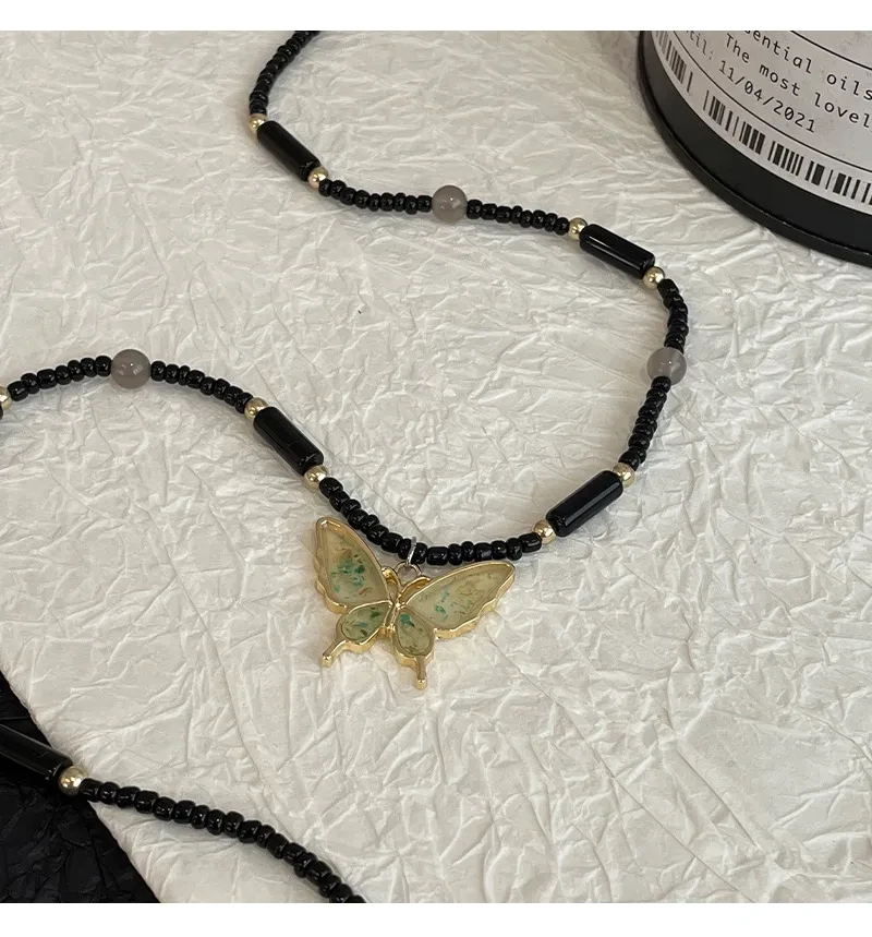 Black Beaded Butterfly Pendant Necklace
