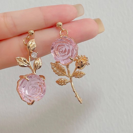 S925 Silver Pin Nightingale And Rose Stunning Rose Asymmetrical Earrings