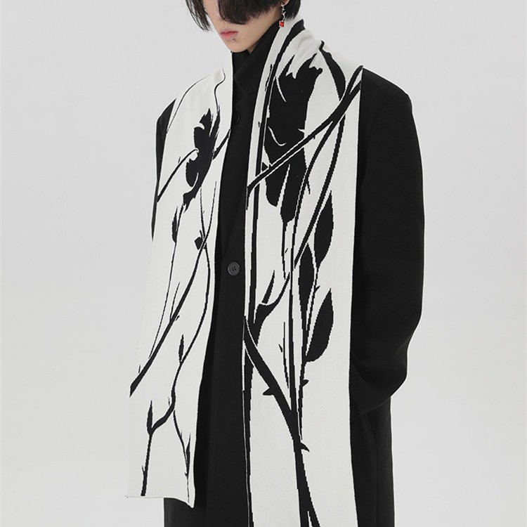 Original Hand-painted Black And White Thorn Rose Winter Neck Warmer Dehaired Angora Couple Scarf