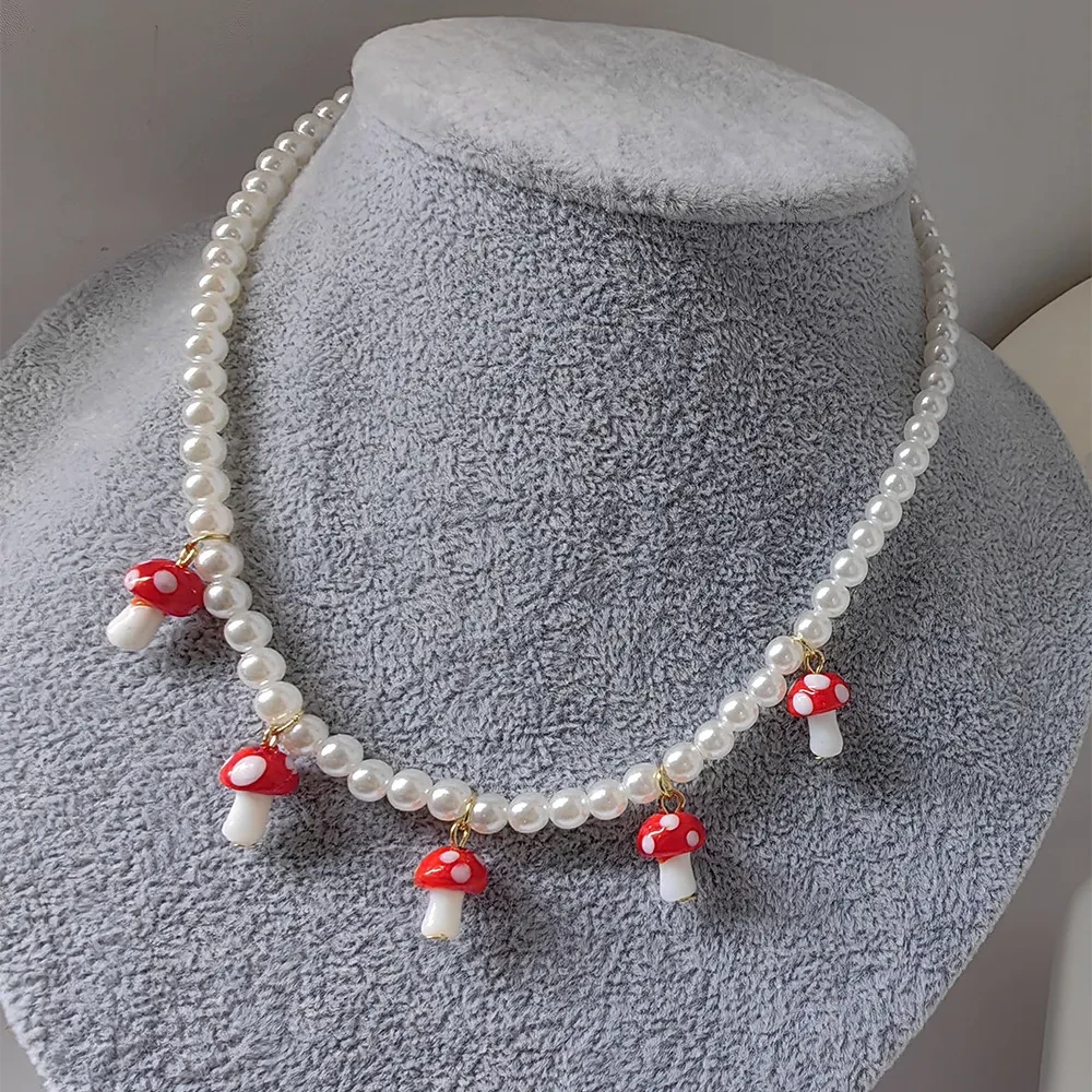 Red Glazed Mushroom Pendant Necklace