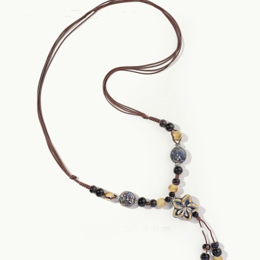 Vintage Sweater Chain Women's Long Flower Ceramic Necklace