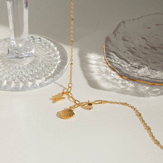 18K Gold Stainless Steel White Zircon Hammered Starfish Pendant Necklace