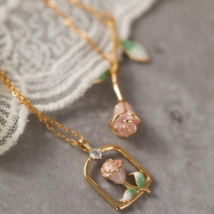 Gentle Rose Enamel Flowers Titanium Steel Necklace