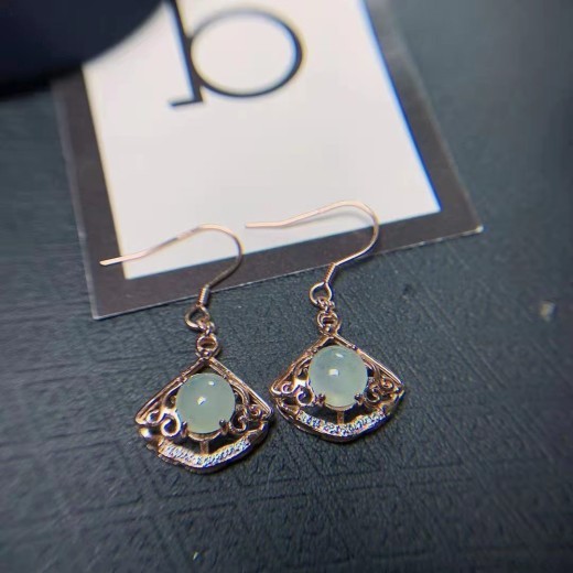 Natural Emerald Eardrops Rose Fan Temperament Ear Studs