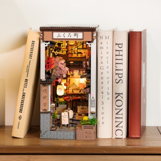 ROBOTIME DIY Book Nook Kit - Sakura Wine Alley With LED Lights, 3D Wooden Miniature Dollhouse Puzzle, Creative Bookend Bookshelf Decor, Unique Gift For Adults