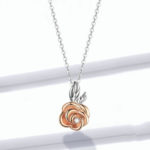 Rose Flower S925 Sterling Silver Two-tone Diamond Necklace