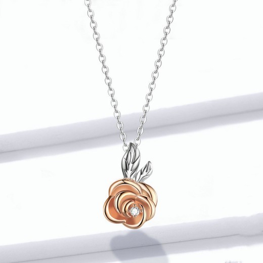 Rose Flower S925 Sterling Silver Two-tone Diamond Necklace