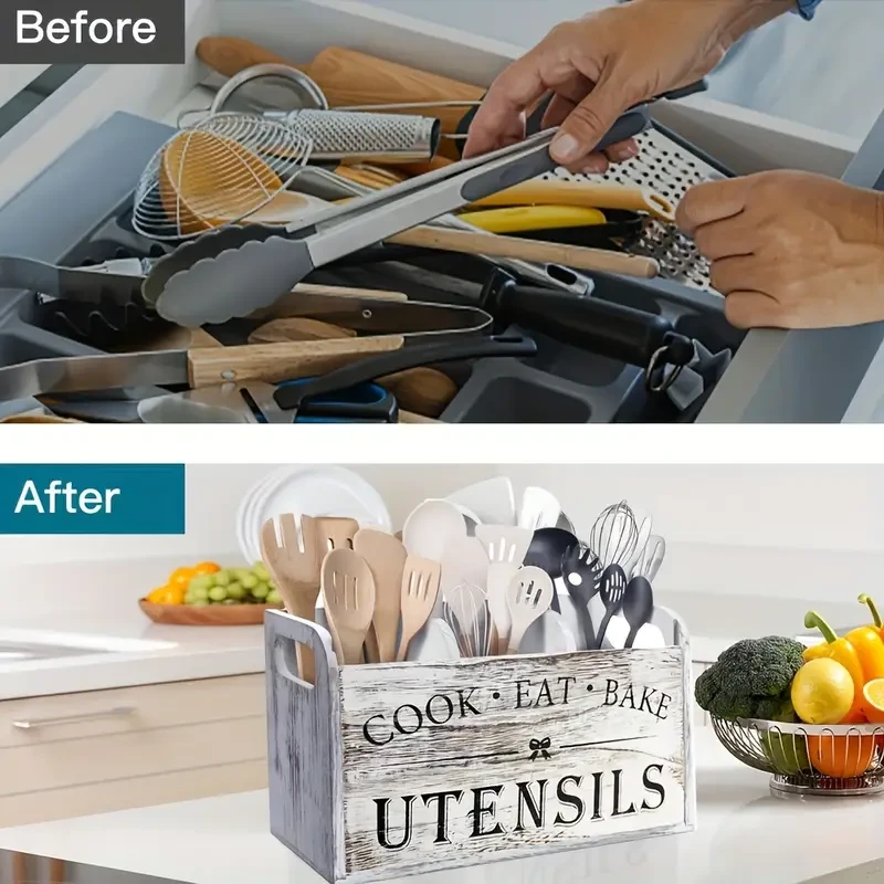 Rustic Wooden Kitchen Utensil Holder