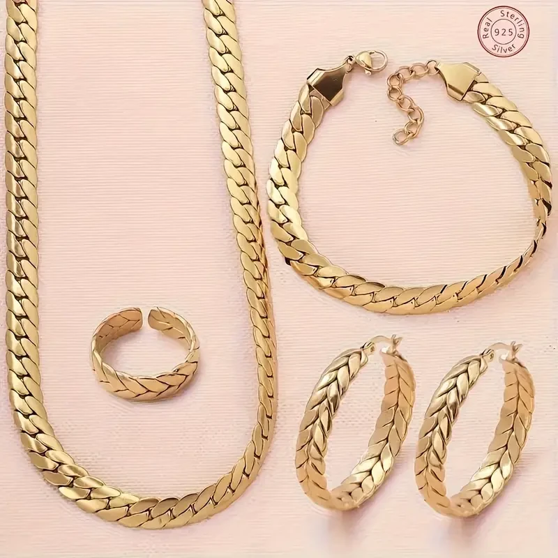 A Four Piece Jewelry Set with 925 Silver Cuban Chain Design