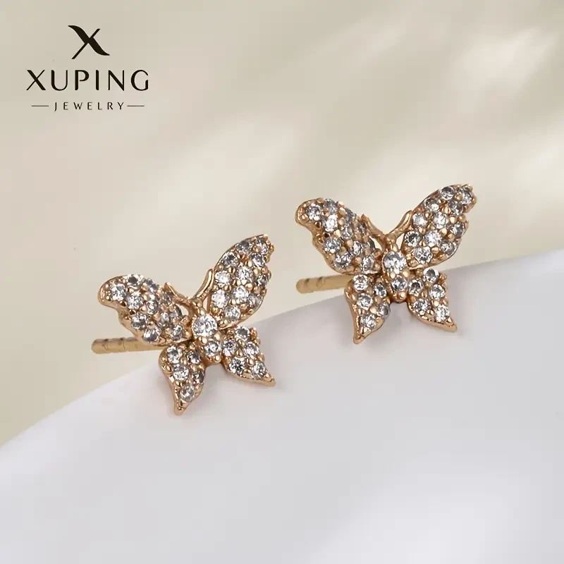 XUPING JEWELRY 1 Pair Elegant 18K Golden Plated Copper Butterfly Earrings with Synthetic Zirconia