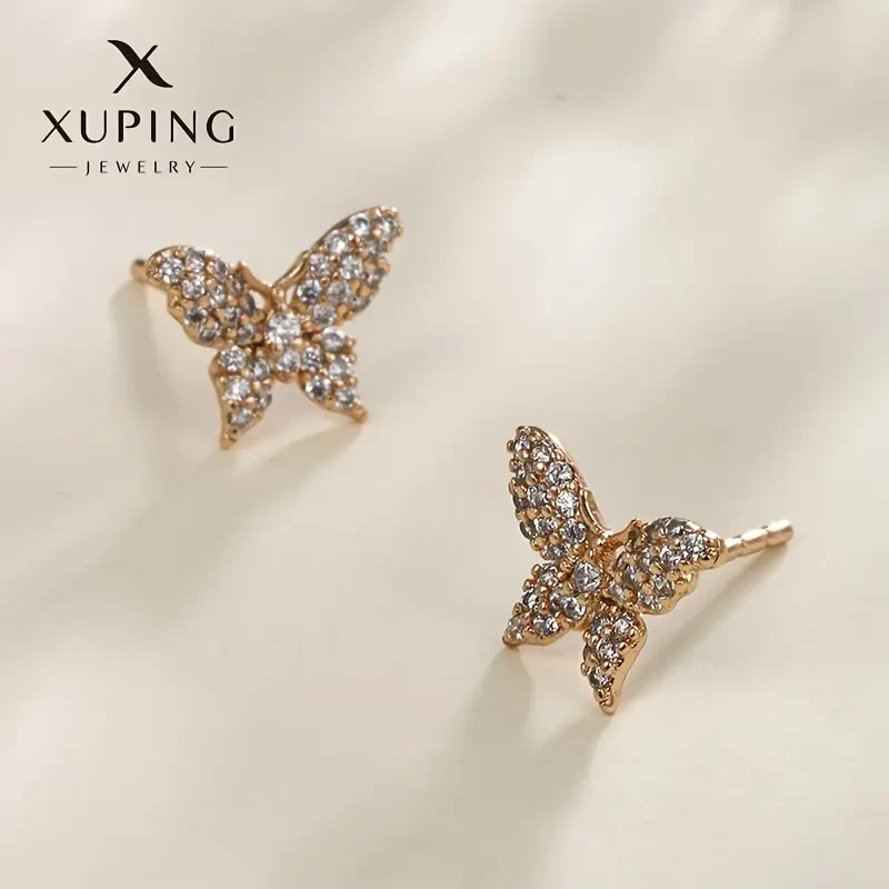 XUPING JEWELRY 1 Pair Elegant 18K Golden Plated Copper Butterfly Earrings with Synthetic Zirconia