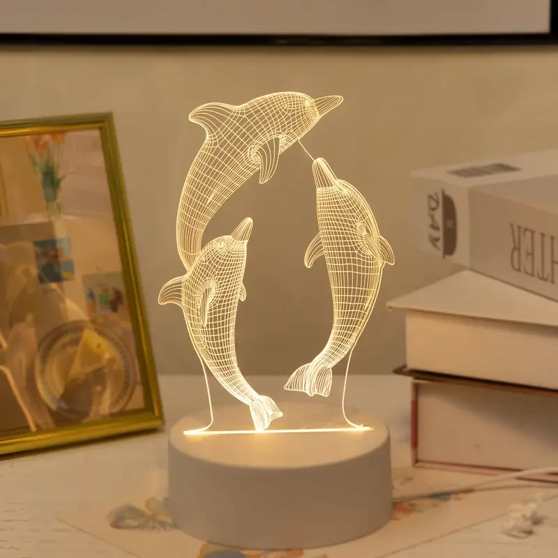 USB 3D Glowing Dolphin Night Light - Ocean Animal Table Lamp for Home Decoration and Gifts