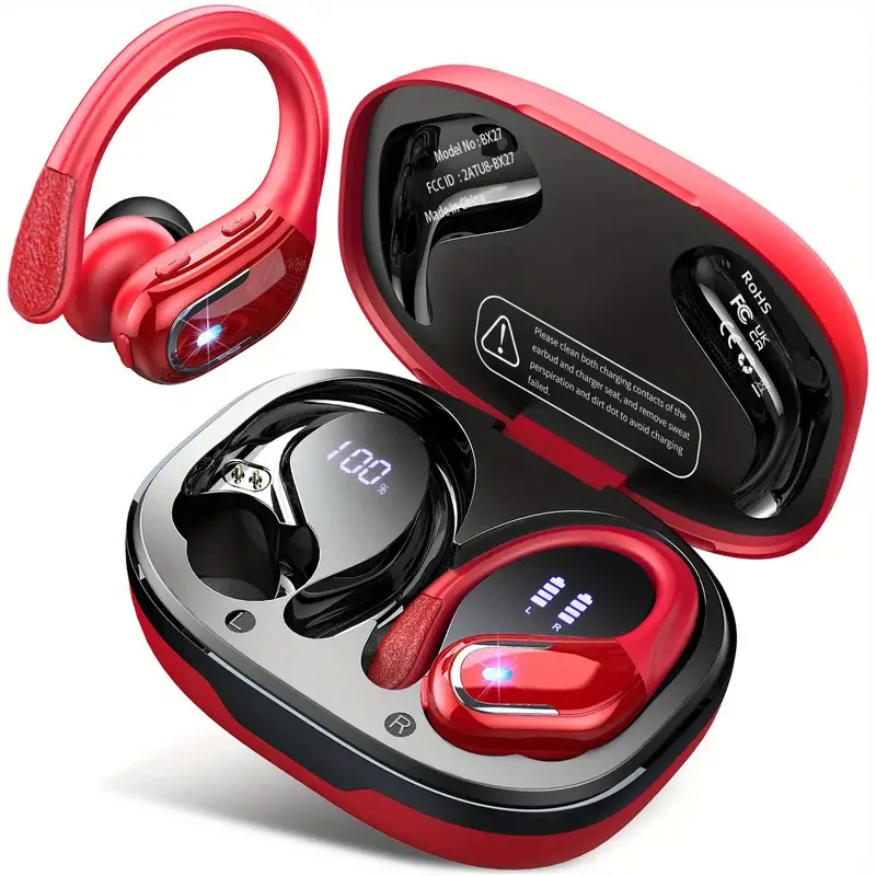 Red Wireless Earbuds for Running - Enhanced Bass Earphones with Sweatproof Earhooks, Dual-LED Display, and Noise Cancelling Technology