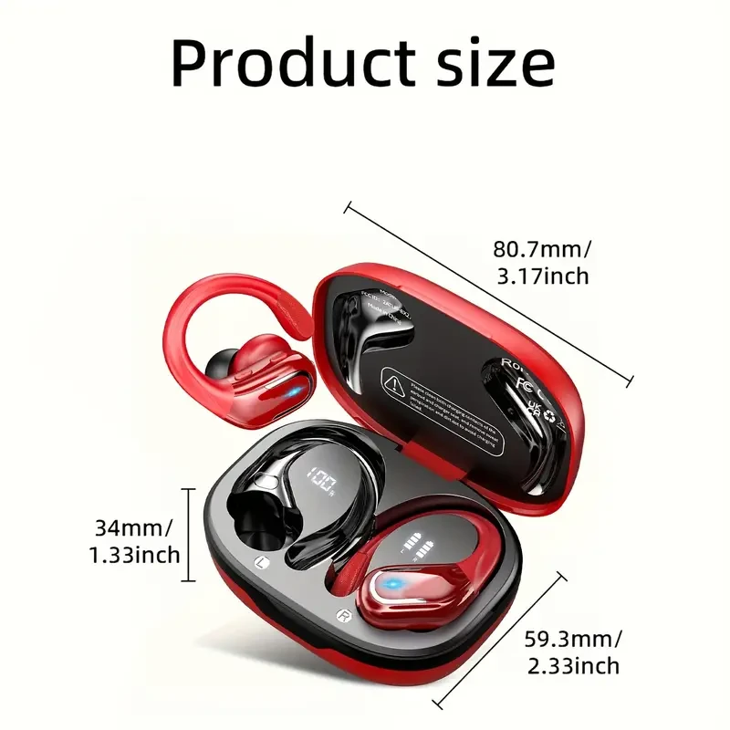 Red Wireless Earbuds for Running - Enhanced Bass Earphones with Sweatproof Earhooks, Dual-LED Display, and Noise Cancelling Technology