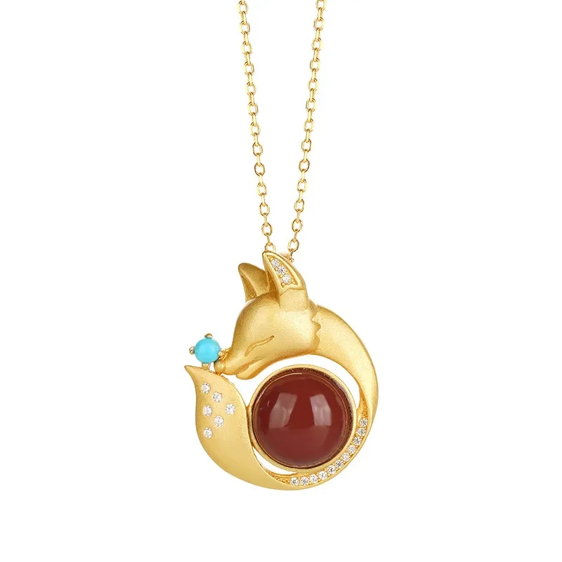 S925 Sterling Silver Inlaid Red Agate Pendant Female Simple Fashion Creative Fox Pendant Necklace