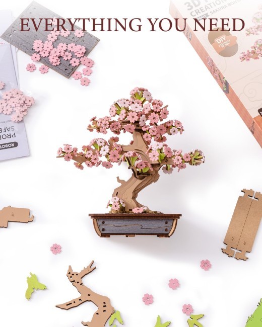 Rolife 3D Puzzle Artificial Flower Sakura Bonsai Wooden Puzzles For Adults DIY Toy Building Sets Construction Kits Build Your Own Aesthetic Home Decor Gifts For Women Men Teens