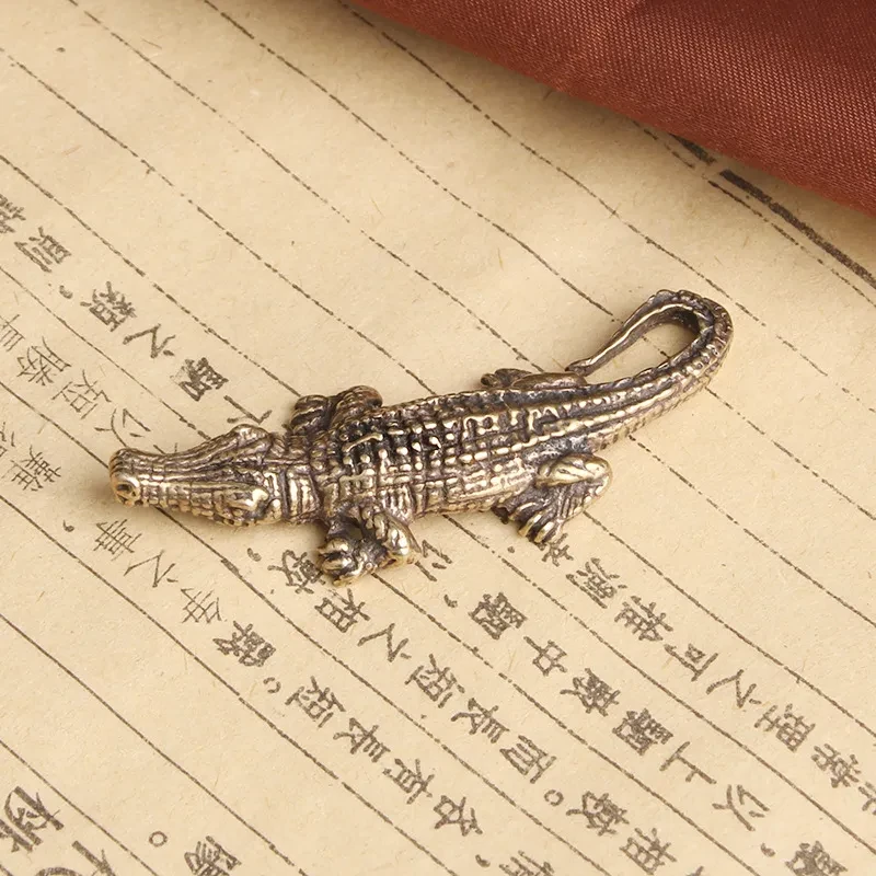 Distressed Solid Brass Alligator Keychain Pendant