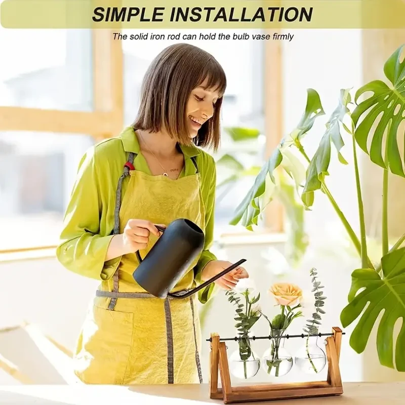 Transparent Glass Bulb Vase with Wooden Stand