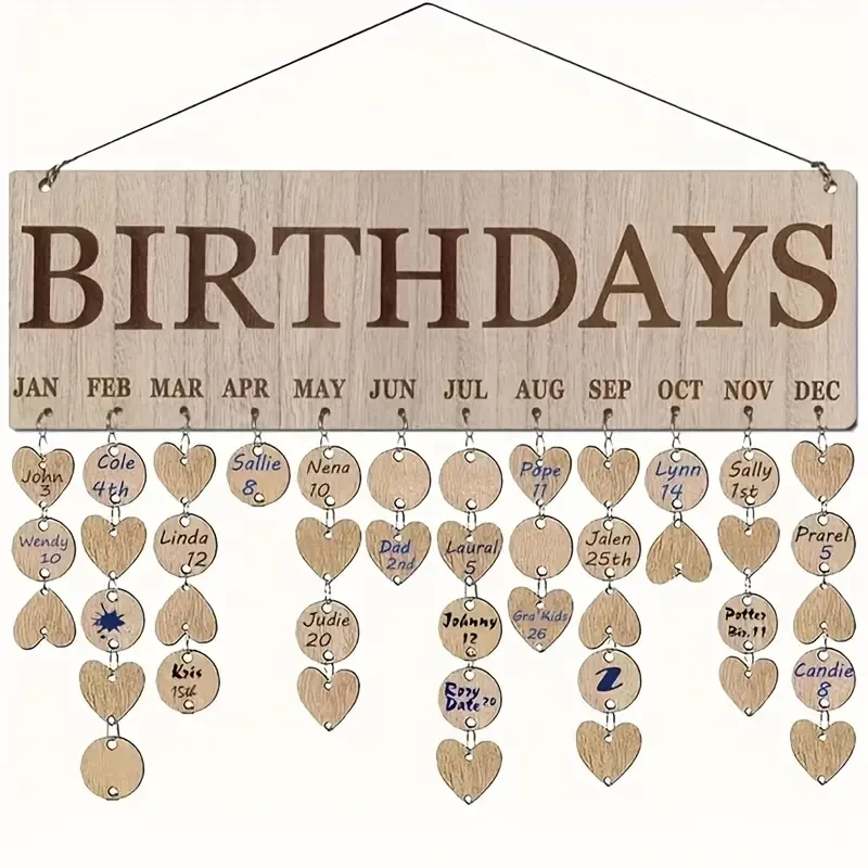 Wooden Birthday Calendar Hanging Sign with 50+ Customizable Hearts