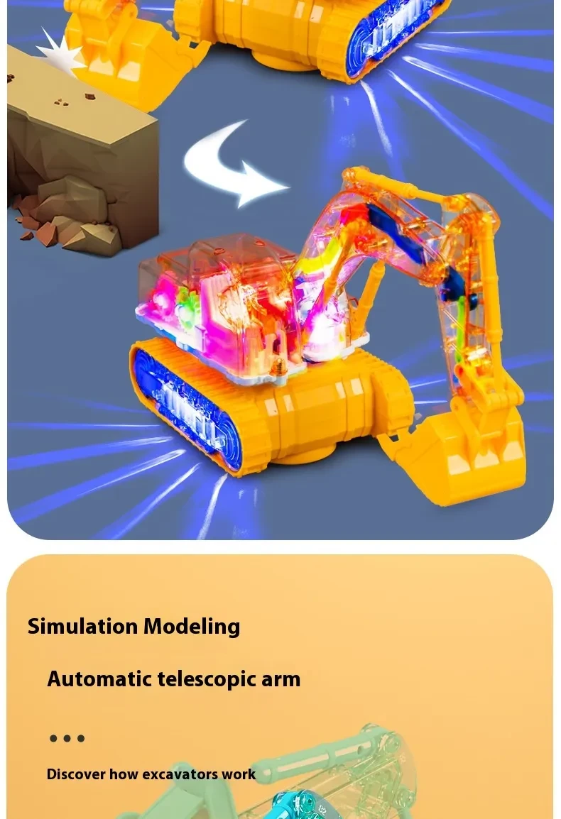 Children's Toy Transparent Mechanical Gear Excavator Movable Joint Light Toy