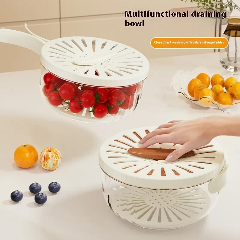 Fruit Drain Basket With Lid Vegetable Washing Bowl Foldable Handle Cleaning Colander