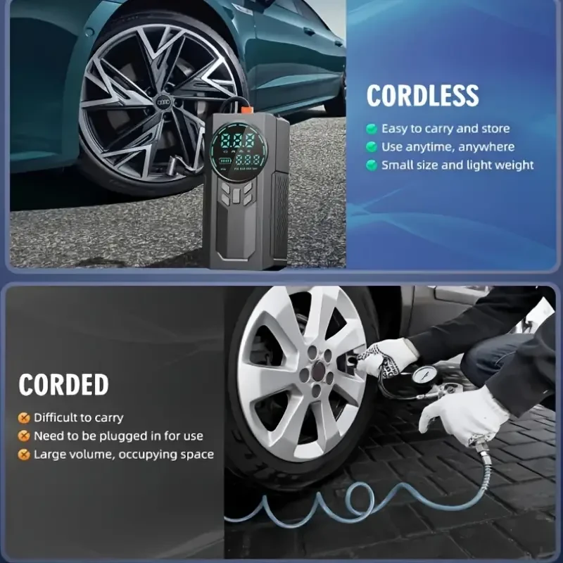 Portable Cordless Car Battery Emergency Starter with Tire Air Pump, Air Compressor, LED Display, Flashlight, and Mobile Power Supply - USB Charged Lithium Battery