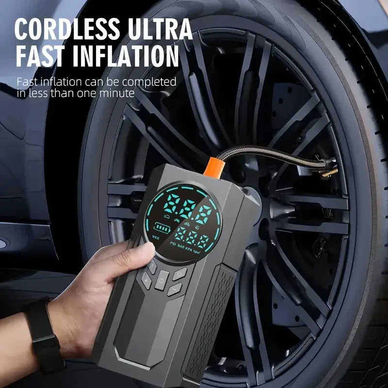 Portable Cordless Car Battery Emergency Starter with Tire Air Pump, Air Compressor, LED Display, Flashlight, and Mobile Power Supply - USB Charged Lithium Battery