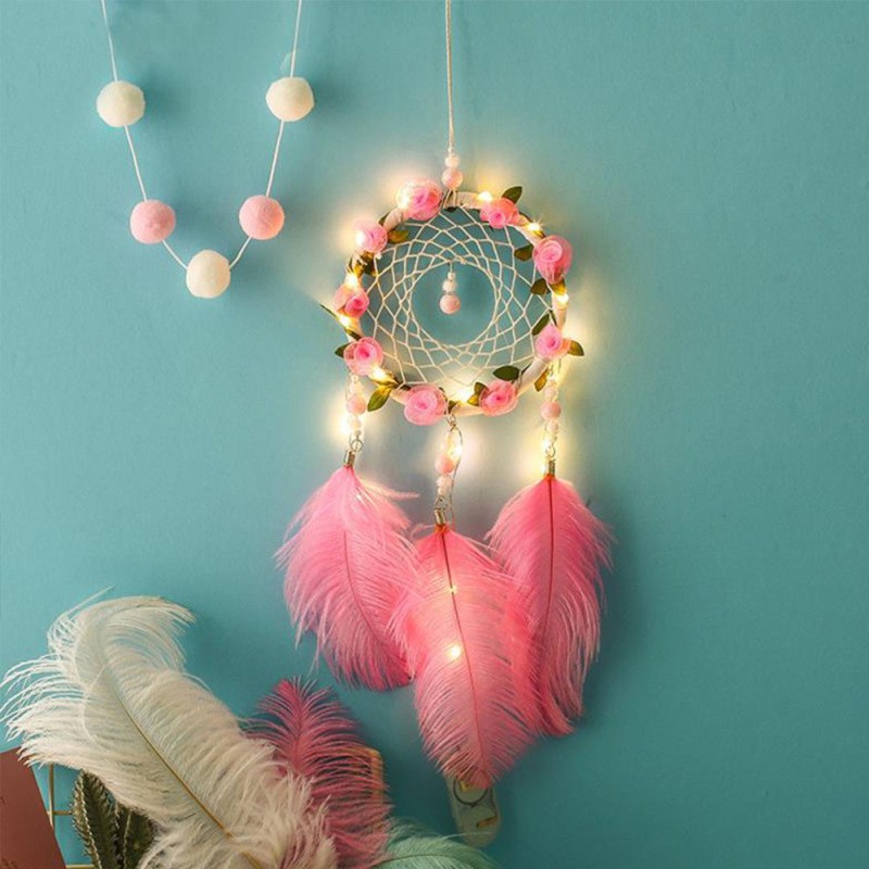 Women's Dreamcatcher Wind Chimes  Pink Ostrich Feather Ornaments with Decorative Lights for Room Decoration