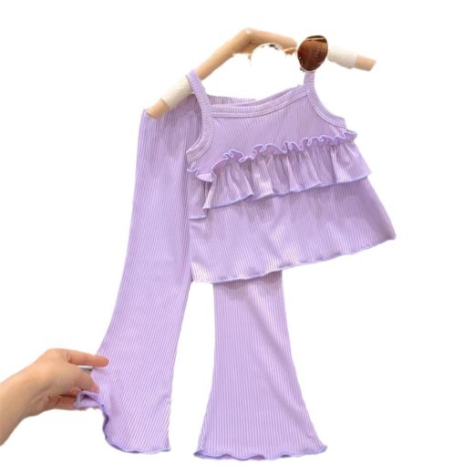 Thin Little Girl Ice Silk Suspender Skirt Bell-bottoms Ankle-length Pants Two-piece Set